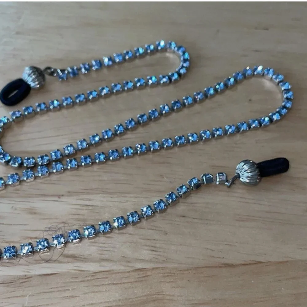 Vintage Eyeglass Chain Blue Rhinestone / Silver Bohemian Retro Y2K